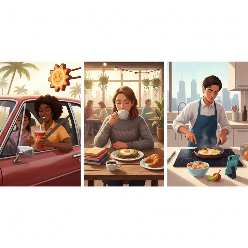 A diverse group of people enjoying breakfast in different settings: one at a fast-food drive-thru, one at a cozy cafe, and another quickly preparing a