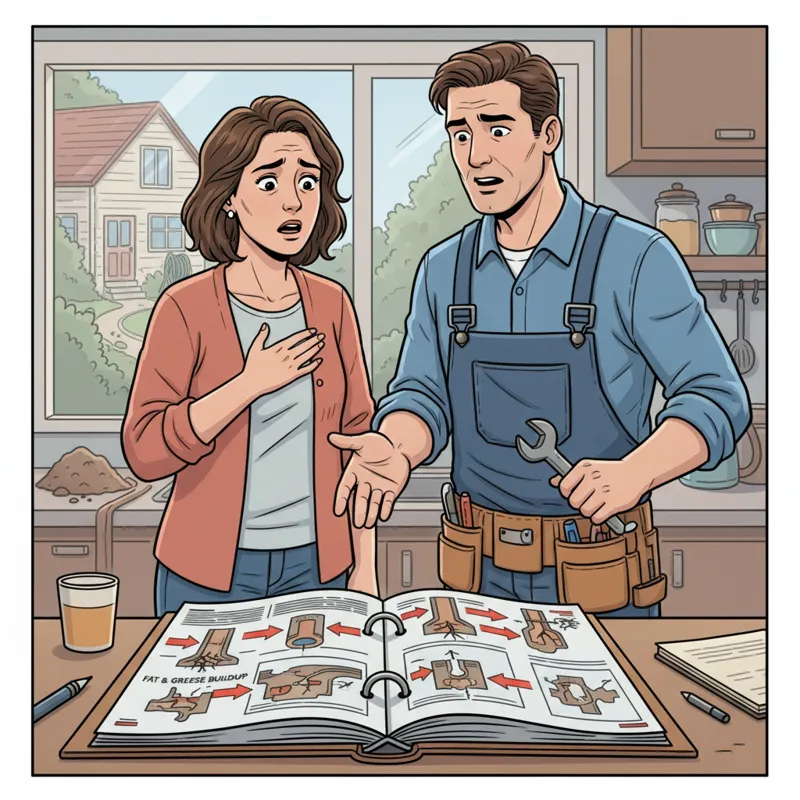 A homeowner looking concerned as a plumber explains findings from a sewer inspection report, pointing to diagrams of common pipe issues.