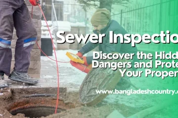 Two plumbers conduct a sewer inspection in winter, one lowering a camera into an open manhole while the other operates a diagnostic device. Overlaid text reads: 'Sewer Inspection. Discover the Hidden Dangers and Protect Your Property!'