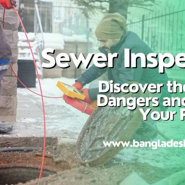 Two plumbers conduct a sewer inspection in winter, one lowering a camera into an open manhole while the other operates a diagnostic device. Overlaid text reads: 'Sewer Inspection. Discover the Hidden Dangers and Protect Your Property!'