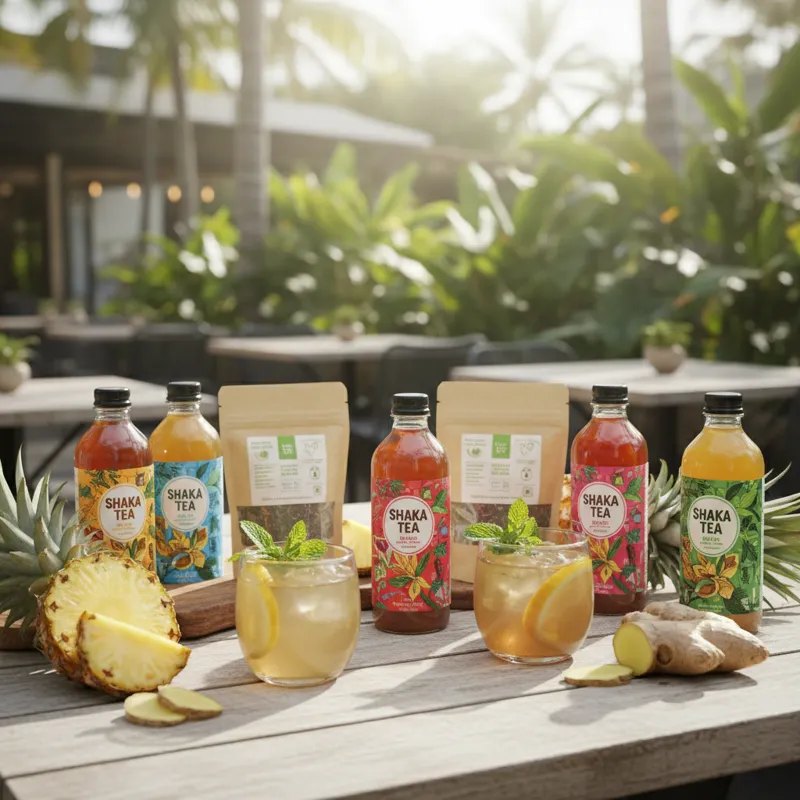 A brightly lit, inviting photograph of various Shaka Tea bottles and loose leaf tea bags arranged artfully on a wooden table, with fresh fruit garnish
