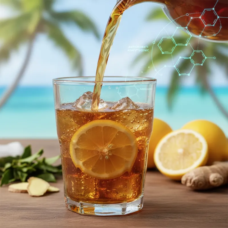 A close-up shot of Shaka Tea pouring into a glass with ice and a slice of lemon, emphasizing freshness and natural ingredients, with a scientific grap