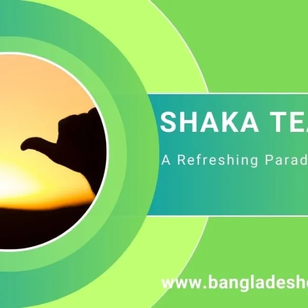 Shaka Tea advertisement showing two silhouetted hands making the shaka sign against a sunset, with text 'SHAKA TEA' and 'A Refreshing Paradise of Flavors' on a green and teal background. The website www.bangladeshcountry.com is also displayed.