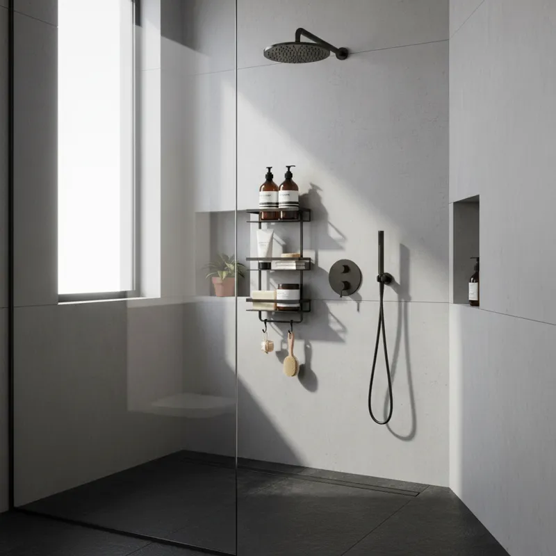 A sleek, modern shower interior with a well-organized shower caddy holding various bath products, illuminated by soft natural light.