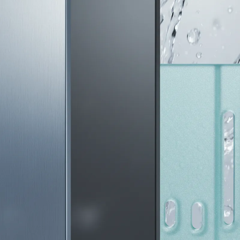 A close-up shot of different shower caddy materials like stainless steel, anodized aluminum, and durable plastic, highlighting texture and finish.