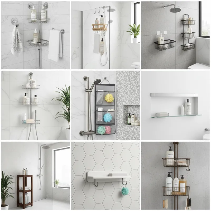 A collage of 9 different high-quality shower caddies, showcasing various designs, materials, and installation methods in clean, modern bathrooms.