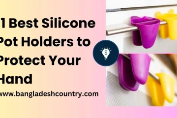 An informational graphic titled '11 Best Silicone Pot Holders to Protect Your Hand,' featuring two images of vibrant purple and yellow silicone pinch mitts hanging on a kitchen rail. A blue lightbulb icon with a dollar sign is also present, and the website www.bangladeshcountry.com is displayed at the bottom.