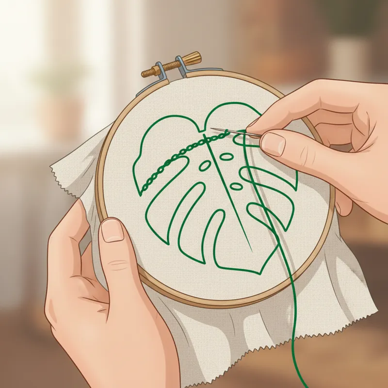A close-up shot of a hand holding an embroidery hoop with a simple, unfinished design (e.g., a single leaf outline) on plain cotton fabric, brightly l