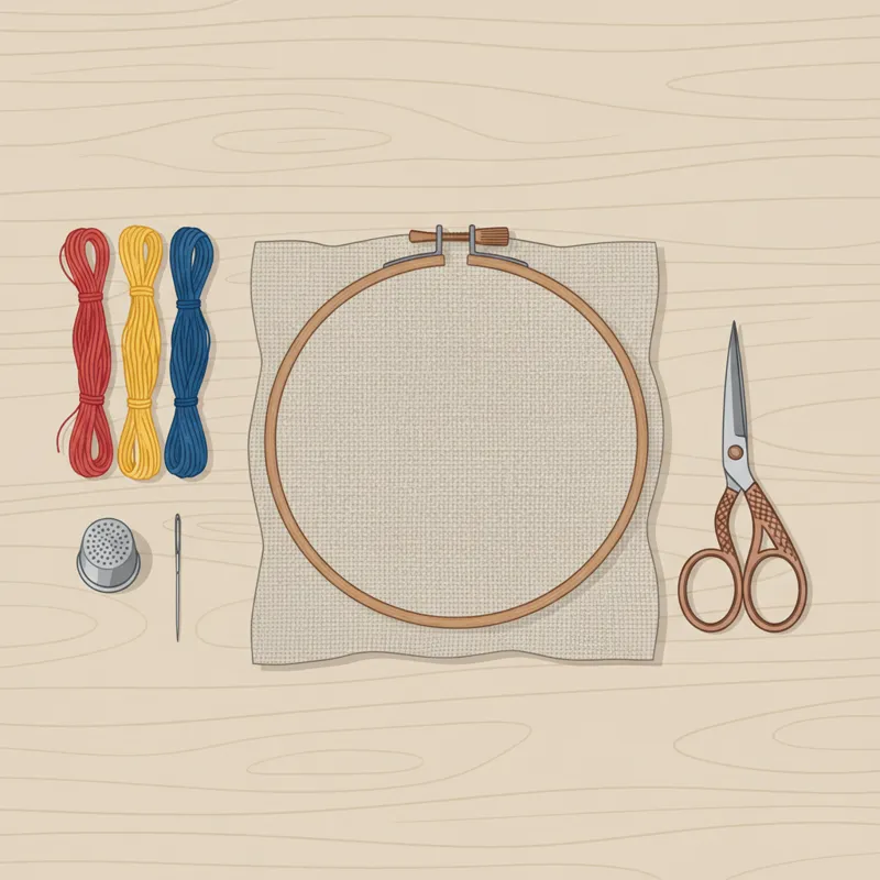 A flat lay of basic embroidery tools: a small wooden hoop, a few skeins of DMC floss in primary colors, a thimble, a crewel needle, a small pair of sh