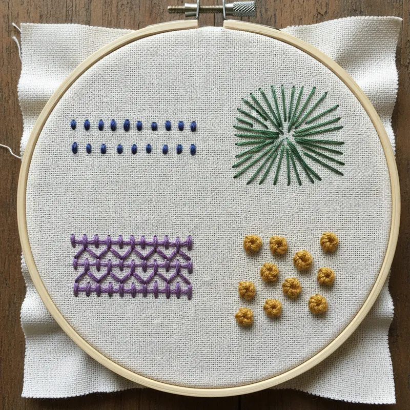 A detailed, top-down shot showing a sampler fabric with perfectly executed examples of running stitch, backstitch, straight stitch, and French knots,