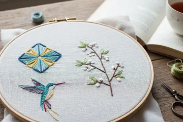 Close-up of hands stitching a simple embroidery design featuring a small plant with green leaves and a pink flower on white fabric, ideal for beginners.