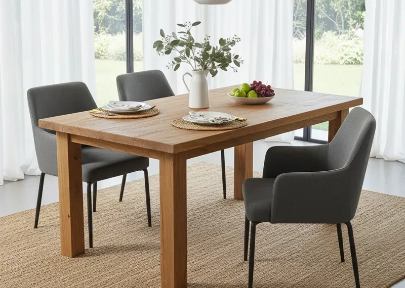 A spacious six-foot wooden dining table with a smooth finish, ideal for family meals and entertaining guests.