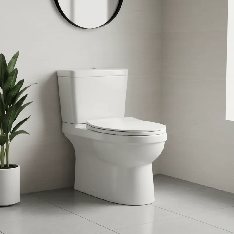A detailed, clean image of a modern, white one-piece skirted toilet in a minimalist bathroom setting, highlighting its smooth, seamless base and conce