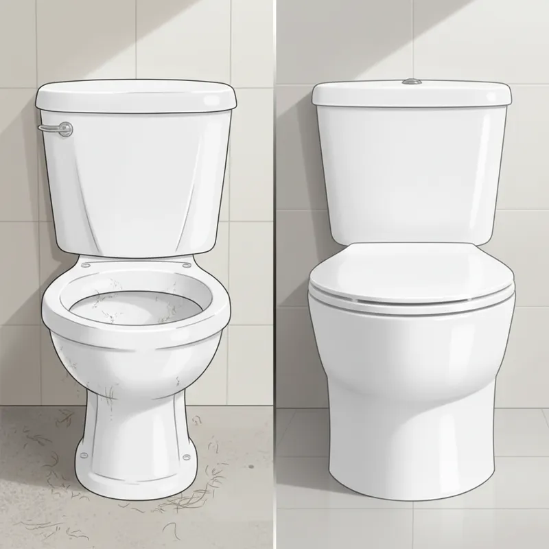 A side-by-side comparison image showing a traditional toilet with an exposed trapway next to a modern skirted toilet, clearly illustrating the aesthet