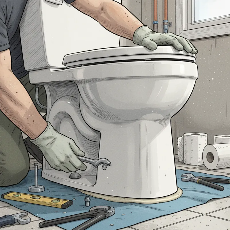 A plumber's hands working carefully to install a skirted toilet, with tools visible, emphasizing the potentially tricky installation process.