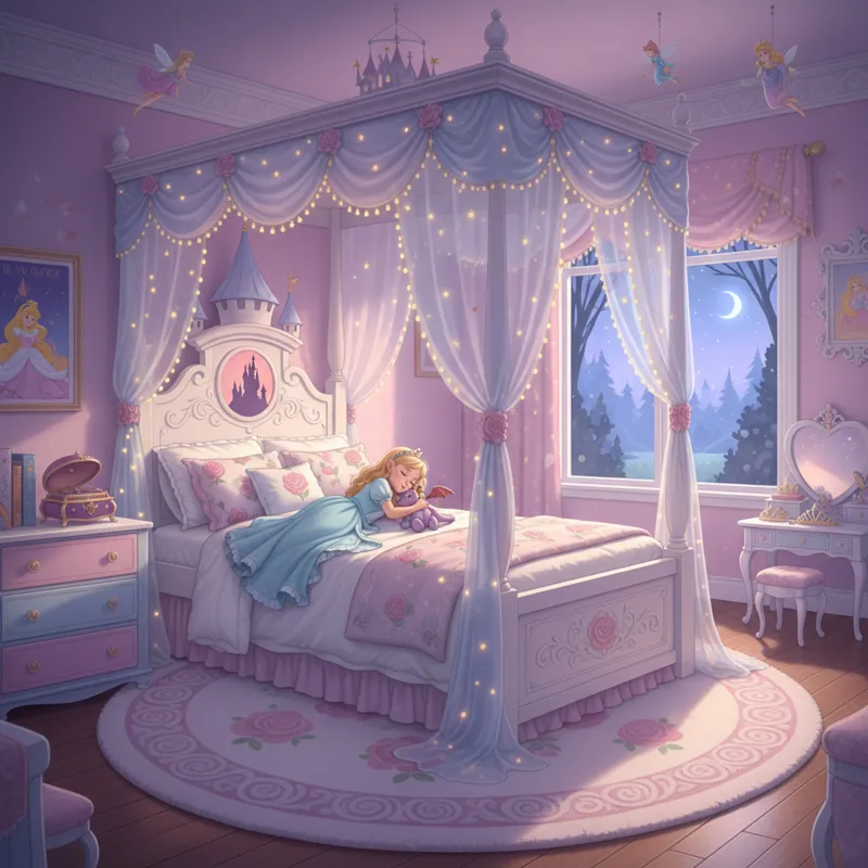 A wide shot of a beautifully decorated child's bedroom featuring a Sleeping Beauty-themed bed, with soft lighting and whimsical decor.