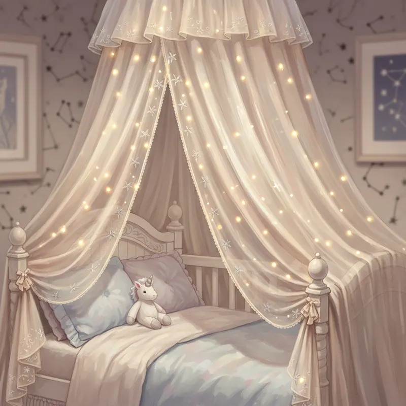 Close-up of a luxurious canopy draped over a child's bed, with sheer, flowing fabric and perhaps subtle fairy lights embedded.