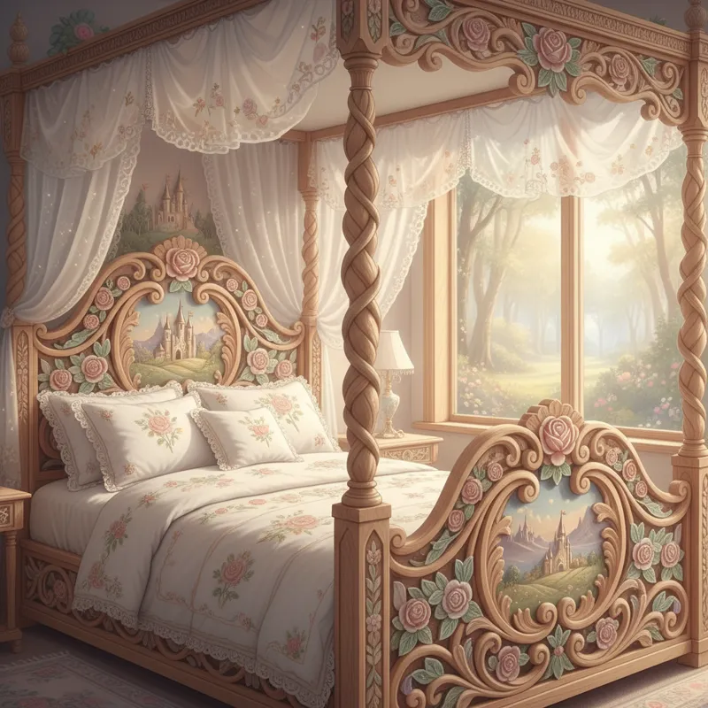 Detailed view of a custom-carved wooden bed frame with fairytale motifs, like roses or gentle scrolls, painted in soft pastel colors.