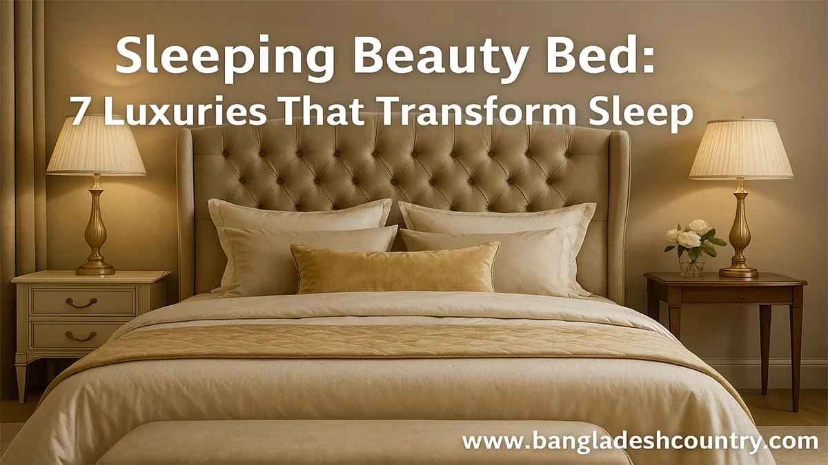 A luxurious bedroom with a large bed featuring a beige tufted headboard, layered gold and cream bedding, two elegant nightstands with classic table lamps, and a small vase of white roses. Text overlay reads 'Sleeping Beauty Bed: 7 Luxuries That Transform Sleep'.