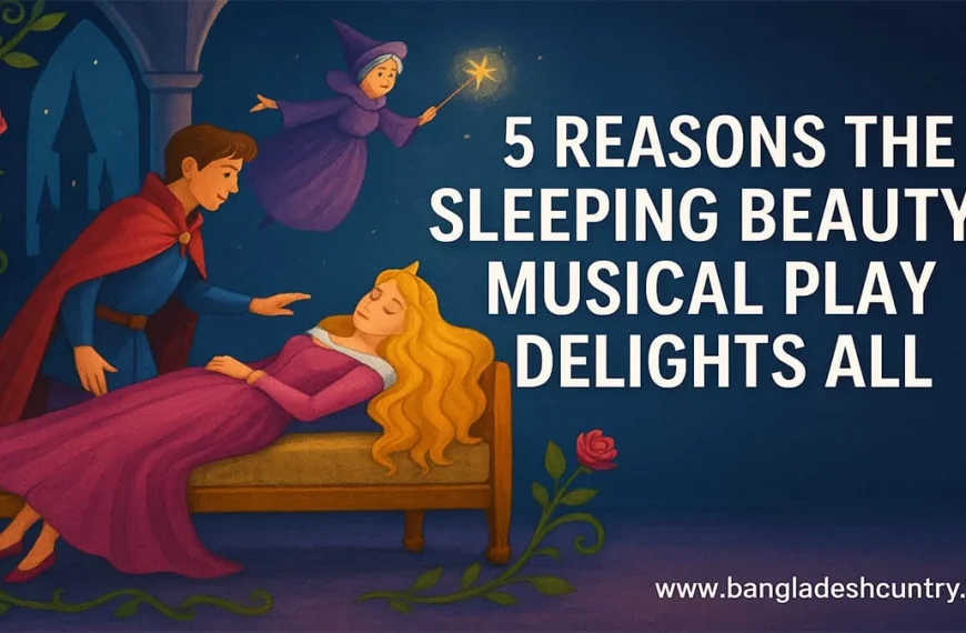 Illustration of Sleeping Beauty asleep in bed, Prince Phillip leaning over her, and a fairy godmother with a magic wand floating above. Text reads: '5 REASONS THE SLEEPING BEAUTY MUSICAL PLAY DELIGHTS ALL'.
