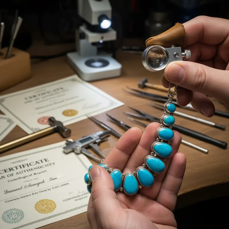 A close-up of a jeweler's hand examining a Sleeping Beauty turquoise necklace with a magnifying loupe, with various tools and gemological certificates