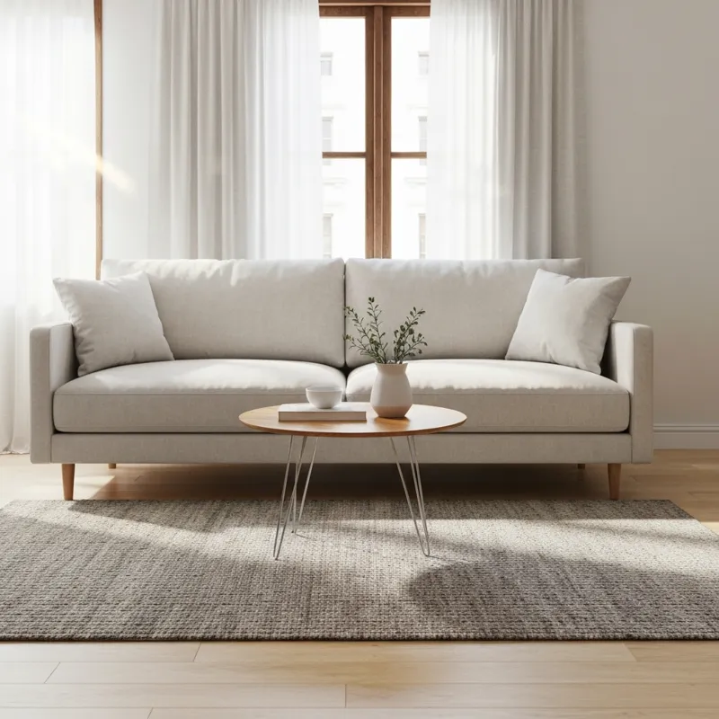 A bright, airy small living room with a light-colored sofa. In the center, a slim, round wooden coffee table with delicate metal legs sits on a textur