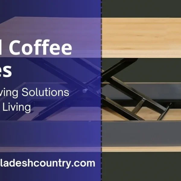 A stylish lift-top coffee table with a light wood surface and grey base, shown in its raised position to reveal storage. The image is an advertisement with text overlay: 'Small Coffee Tables: Space-Saving Solutions for Stylish Living.'