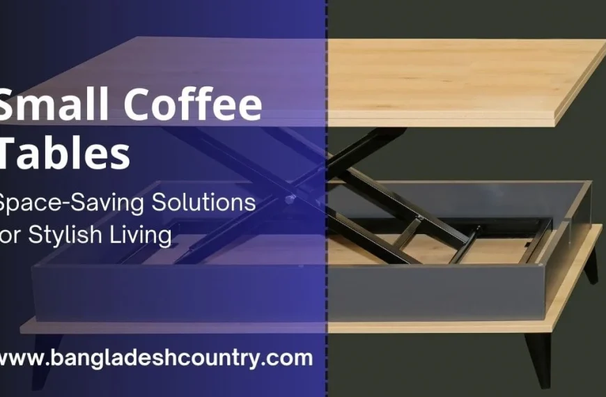 A stylish lift-top coffee table with a light wood surface and grey base, shown in its raised position to reveal storage. The image is an advertisement with text overlay: 'Small Coffee Tables: Space-Saving Solutions for Stylish Living.'