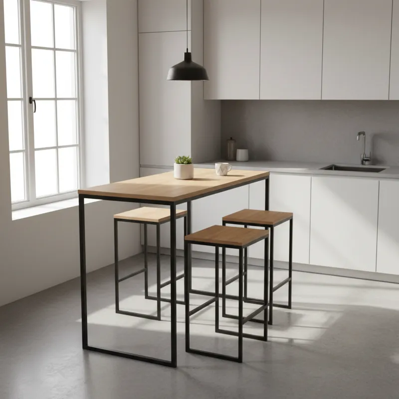 A sleek, modern small countertop height table in a minimalist kitchen. The table is made of light wood with black metal legs, accommodating two stools