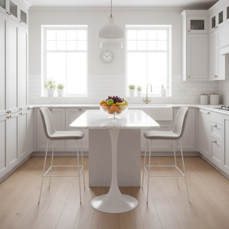 A bright, airy small kitchen featuring a small countertop height table with two contemporary bar stools. The table has a marble-look top and a white b