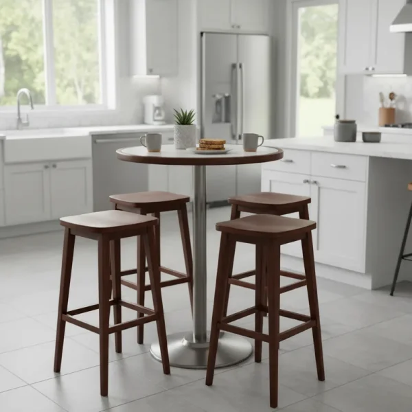 Small countertop height table with two stools, perfect for compact kitchens or breakfast nooks. The table is a dark wood finish, paired with light-colored chairs, against a modern kitchen backdrop.