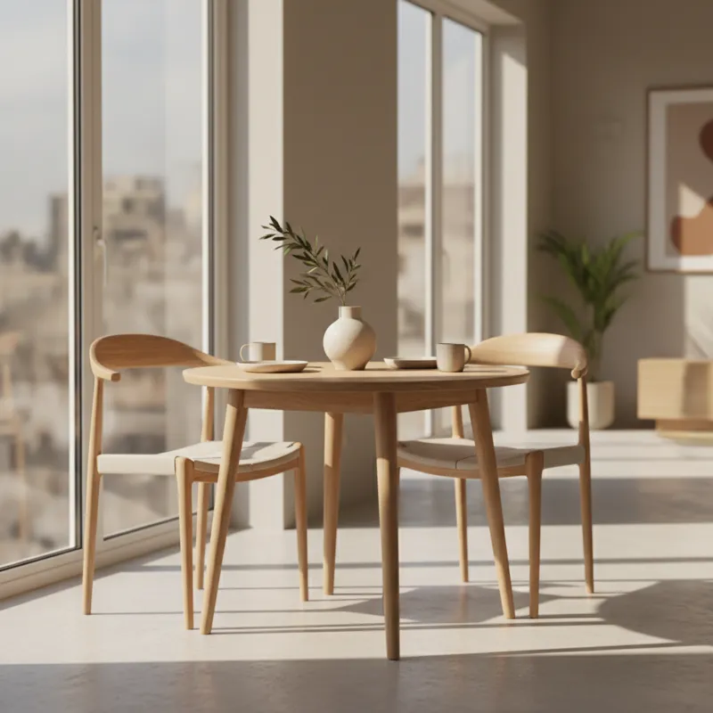 A stylish, minimalist small dining table for 2 in a modern apartment, with warm natural light filtering in. The table is round, made of light wood, wi