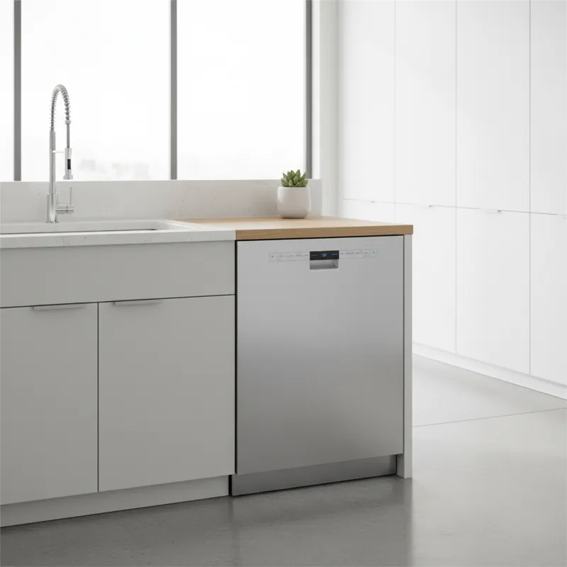 A sleek, modern small dishwasher fitting perfectly under a countertop in a minimalist kitchen, with bright lighting highlighting its compact design.