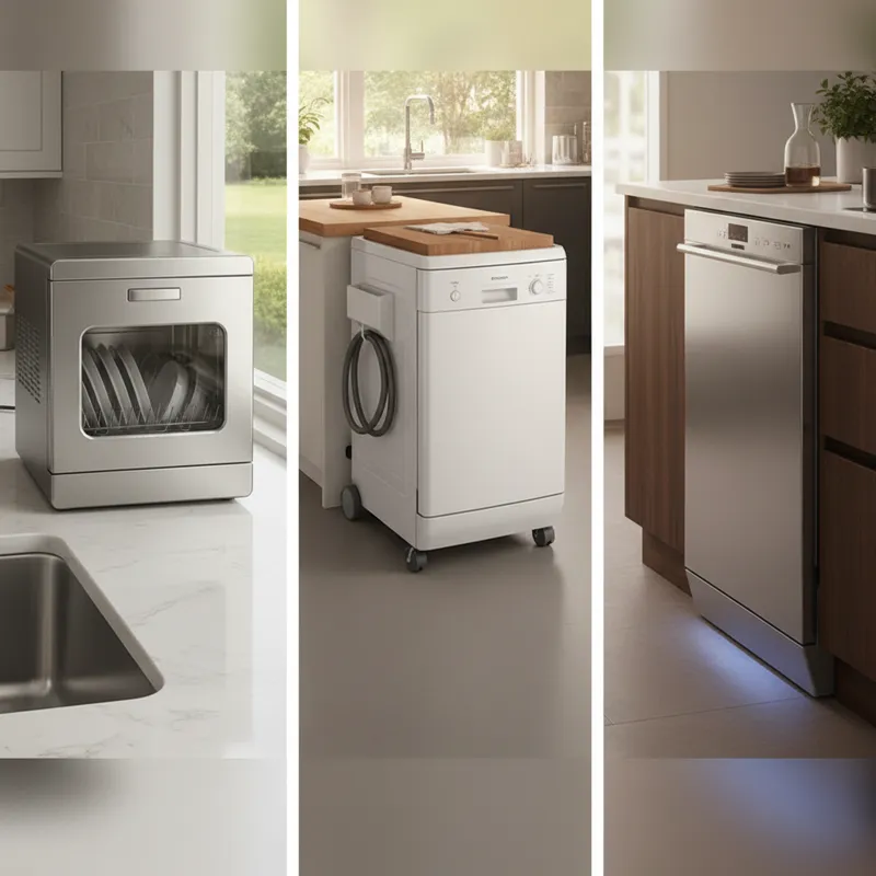 A side-by-side comparison of a countertop dishwasher, a portable dishwasher on wheels, and a slimline built-in dishwasher, clearly showing their disti