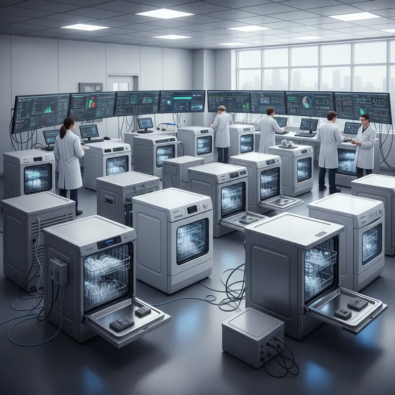 A clean, well-lit lab setting with various small dishwashers undergoing rigorous testing, with technicians observing performance metrics on screens.