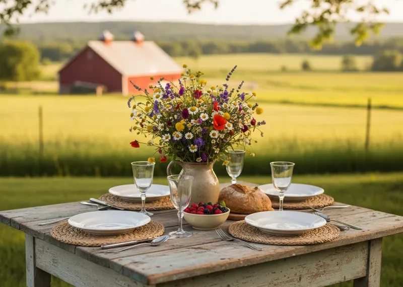 Small rustic wooden farm table with natural wood grain, ideal for a kitchen or dining nook in a farmhouse style home.