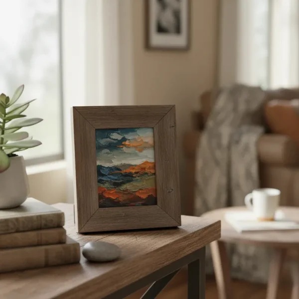 A curated collection of small framed art pieces, including abstract and landscape designs, resting on a rustic wooden shelf alongside books and a small plant, illustrating elegant shelf decor.