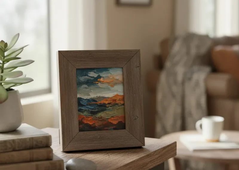 A curated collection of small framed art pieces, including abstract and landscape designs, resting on a rustic wooden shelf alongside books and a small plant, illustrating elegant shelf decor.