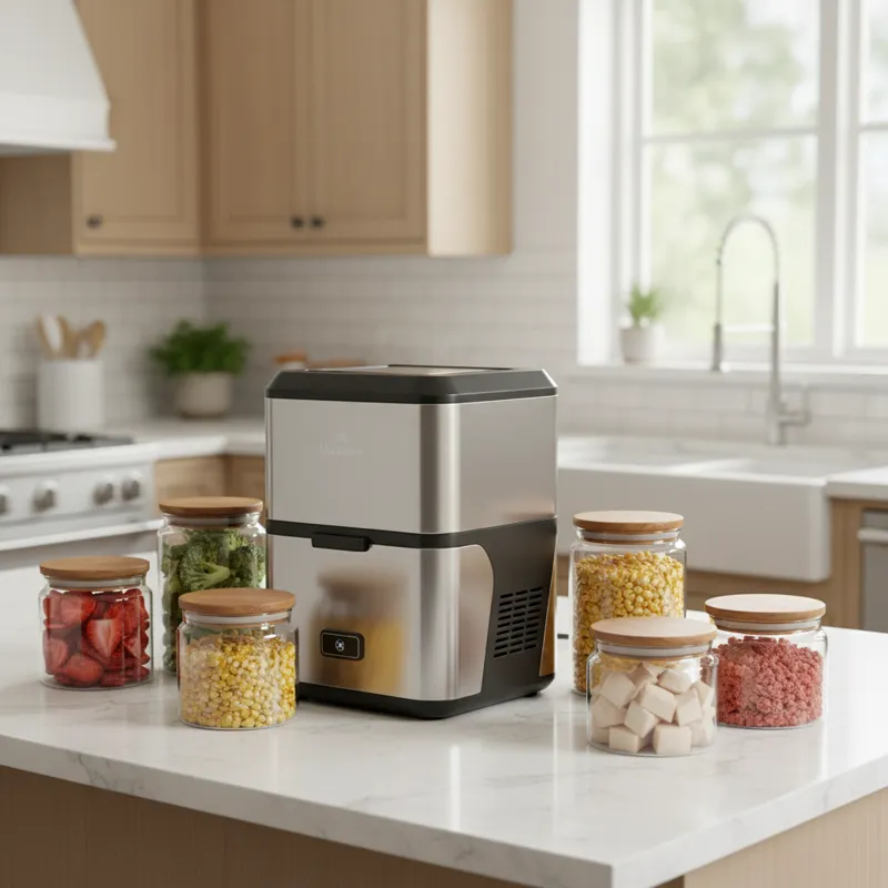 A sleek, modern small freeze dryer sitting on a kitchen counter, with various freeze-dried foods (fruits, vegetables, meats) displayed around it in cl