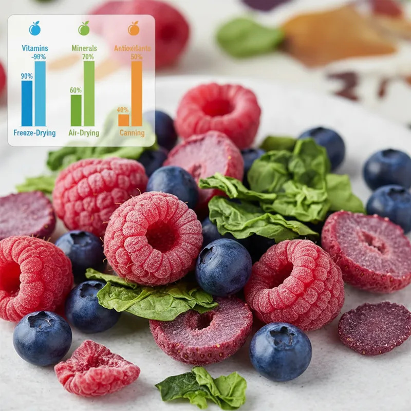 Close-up of vibrant, colorful freeze-dried berries and spinach. A graphic overlays showing nutrient percentages compared to other preservation methods
