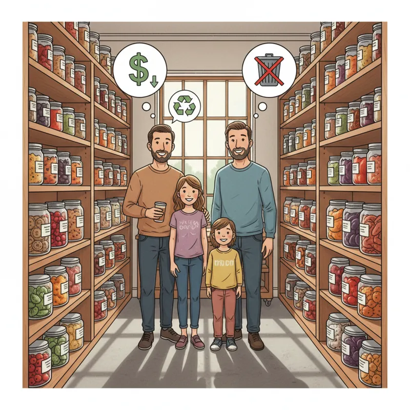A family standing in a well-organized pantry stocked with jars of freeze-dried foods, smiling. Text bubbles around them indicate cost savings and redu