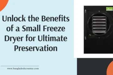 A graphic promoting a small freeze dryer, featuring a black compact freeze dryer machine with internal shelves, accompanied by bold text that reads: 'Unlock the Benefits of a Small Freeze Dryer for Ultimate Preservation'.