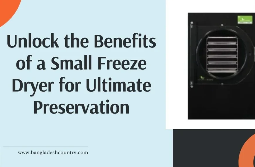 A graphic promoting a small freeze dryer, featuring a black compact freeze dryer machine with internal shelves, accompanied by bold text that reads: 'Unlock the Benefits of a Small Freeze Dryer for Ultimate Preservation'.