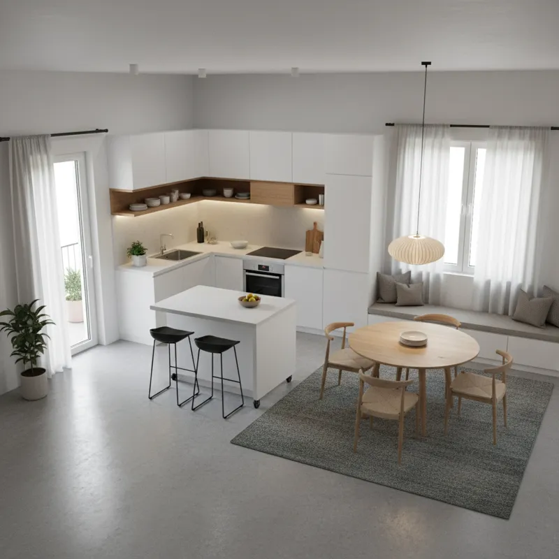 An aerial view of a compact, well-designed kitchen and dining area in a modern apartment, showcasing efficient layout, multi-functional furniture, and