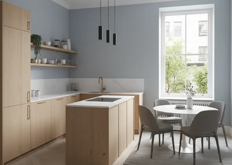 Small open-plan kitchen and dining room design featuring a compact island, light wood cabinetry, space-saving furniture, and modern minimalist decor.