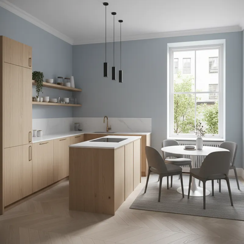 Small open-plan kitchen and dining room design featuring a compact island, light wood cabinetry, space-saving furniture, and modern minimalist decor.