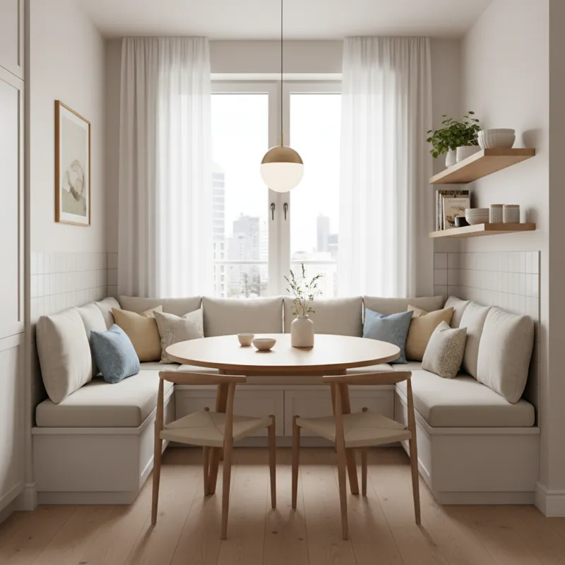 A warm, inviting small kitchen nook in a modern apartment, featuring a built-in bench with cushions, a compact round table, and a small pendant light.