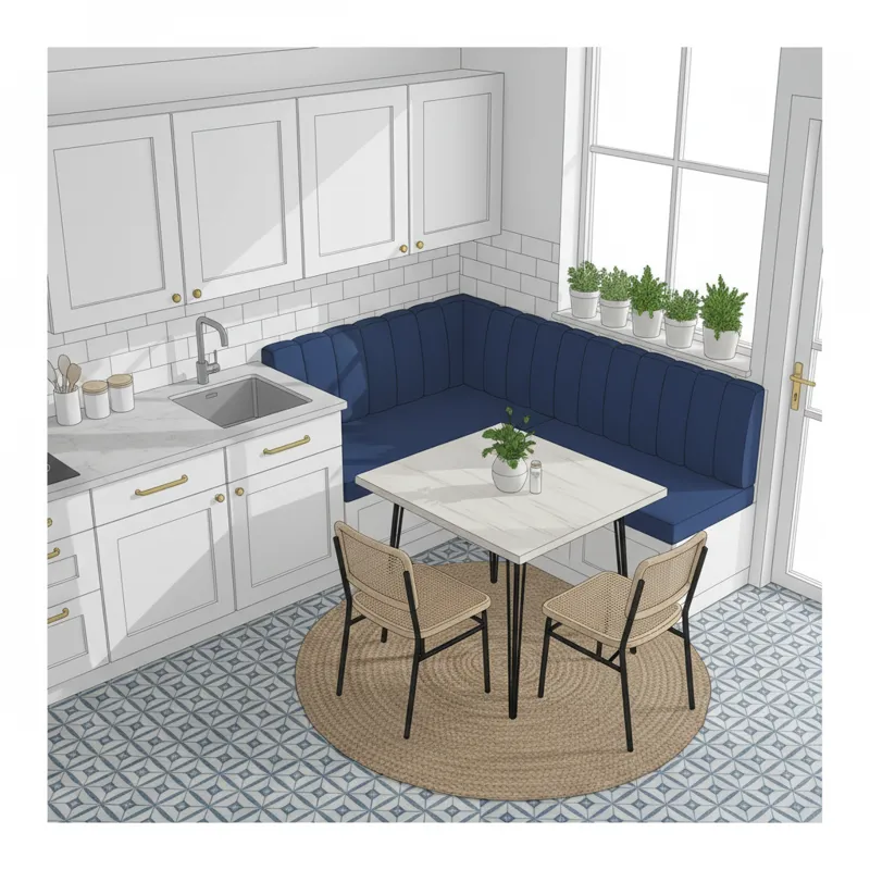 An aerial view showing a compact kitchen with a corner dedicated to a small breakfast nook. A wall-mounted banquette follows the two walls, with a sma