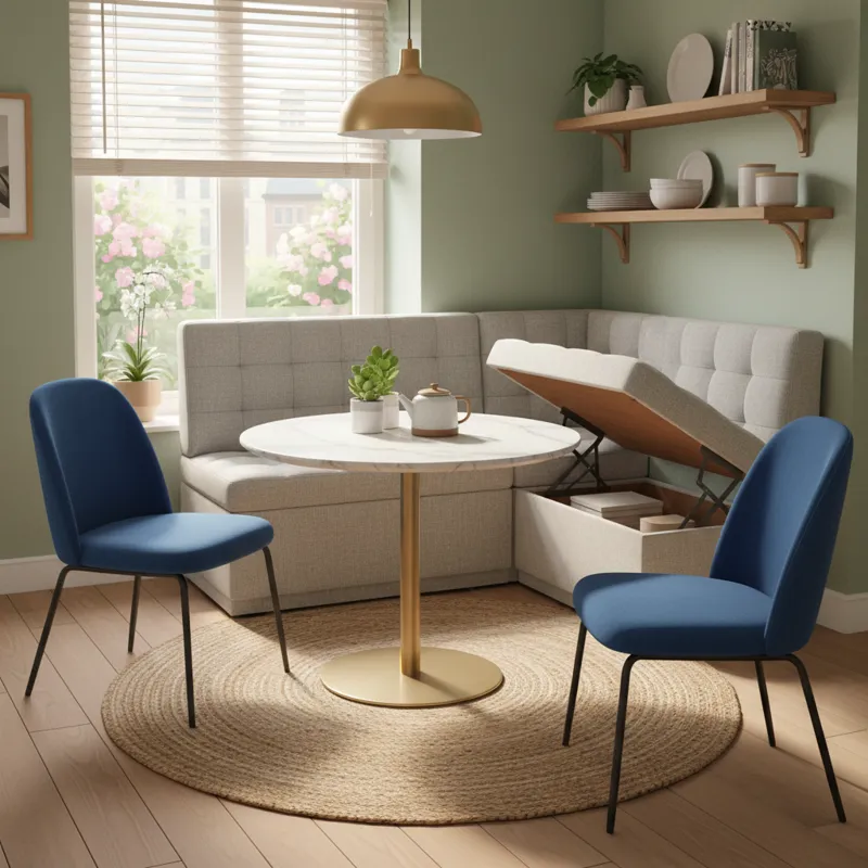 A selection of stylish, compact furniture suitable for a small kitchen nook, including a round bistro table, two armless chairs, and a small, L-shaped