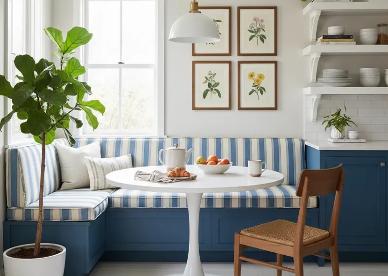 A cozy small kitchen nook with a built-in banquette, plump cushions, a round table, and a window providing natural light, perfect for breakfast or intimate dining.